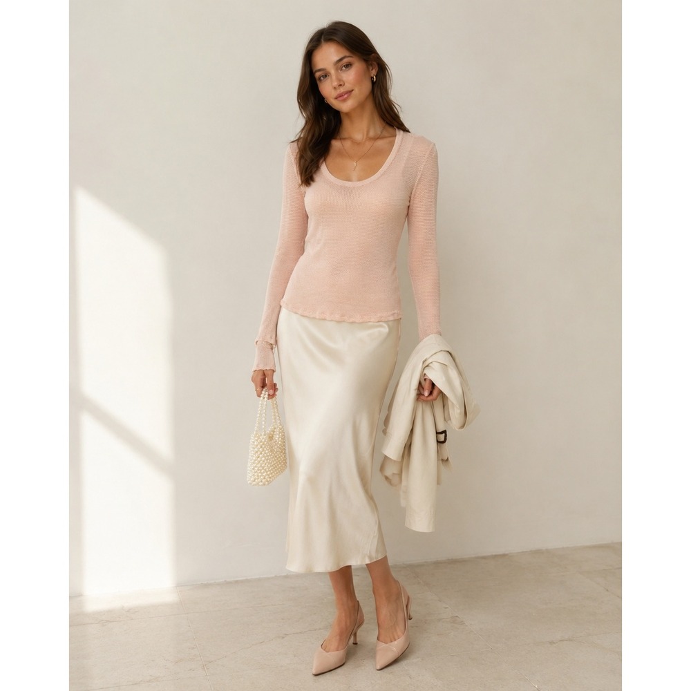 Olympia Theodora Long Sleeve Thermal Knit Scoop Neck Top in Peach